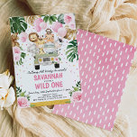 Convites Selvagem de primeiros aniversarios Selvagens Safar<br><div class="desc">Convite de aniversário temático Safari,  com verde tropical e água dourada verde,  flores rosa bonito e um grupo de animais da selva fofinha</div>