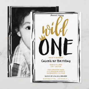 Convites Selvagem Preto + Foto Dourada 1 1º Aniversário