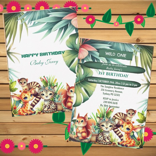 Convites Selvagem Selvagem Safari Verde Tropical (Wild One Birthday Jungle Safari Tropical Greenery Invitation)