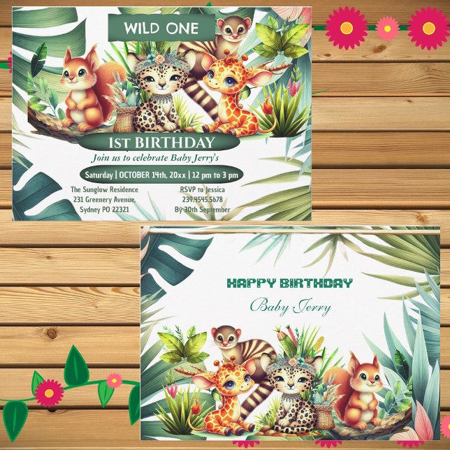 Convites Selvagem Selvagem Safari Verde Tropical (Wild One Birthday Jungle Safari Tropical Greenery Invitation)
