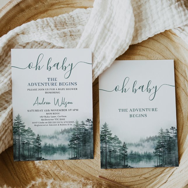 Convites Selvagem Verde Que A Aventura Comece O Chá de fral (Green gender neutral wilderness baby shower invitation, The adventure begins baby shower invitation)