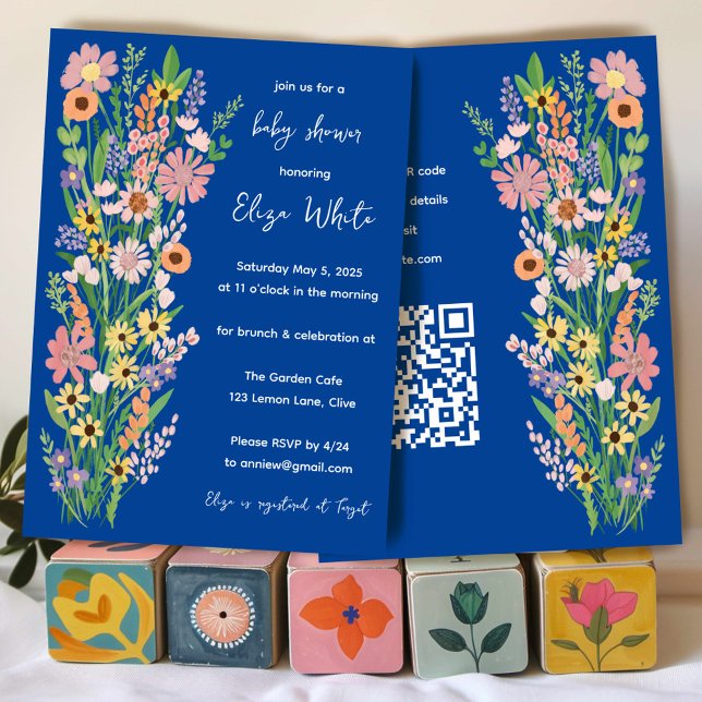 Convites Selvagens Chá de fraldas de código QR personalizad (Wildflowers Handpainted Custom QR code Baby Shower Invitation
)