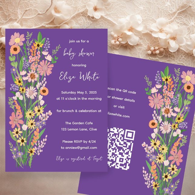 Convites Selvagens Chá de fraldas de código QR personalizad (Wildflowers Handpainted Custom QR code Baby Shower Invitation Purple
)