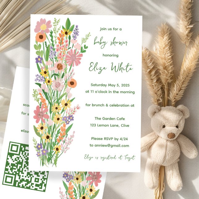 Convites Selvagens Chá de fraldas de código QR personalizad (Wildflowers Handpainted Custom QR code Baby Shower Invitation
)