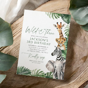Convites Selvagens e Três Animais Safari aniversário de 3 a