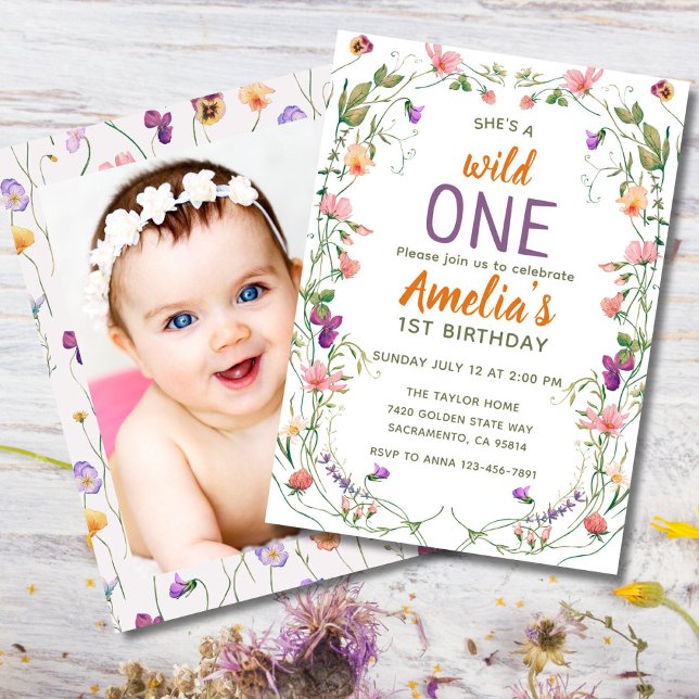 Convites Selvagens primeiro aniversario Selvagem Um (Editable wildflower 1st birthday invite for baby girl with optional photo on back.)