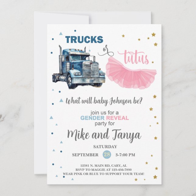 Convites Semi Trucks or Tutus gender reveal invitation. (Frente)