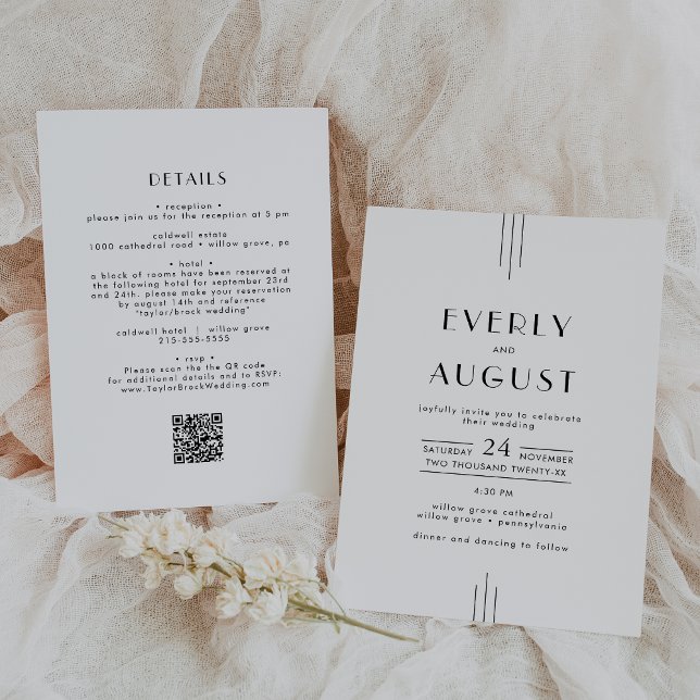 Convites SEMPRE Arte Deco Simples Branco Código QR Preto (EVERLY Art Deco Simple White Black QR Code Wedding Invitation)