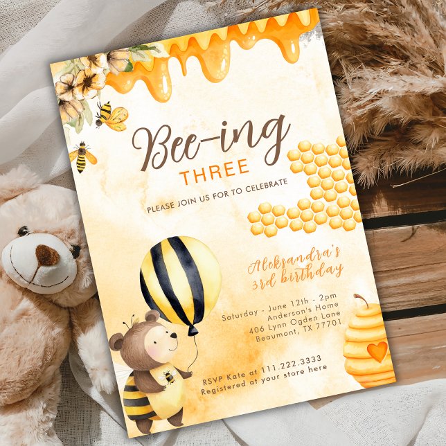 Convites Sendo Três Urso de Mel 3º Aniversário Amarelo (Criador carregado)