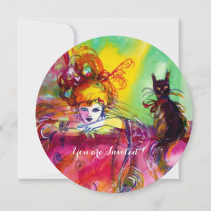 Convites SENHORA COM GATO PRETO / Festa de Mardi Gras com M