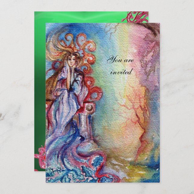 Convites SENHORA DO LAGO, azul vibrante, cor-de-rosa verde (Frente/Verso)