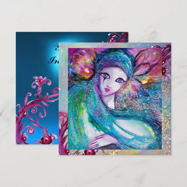 Convites SENHORA MÁSCARA AZUL Festa Elegante de Mascarada,  (Frente/Verso)