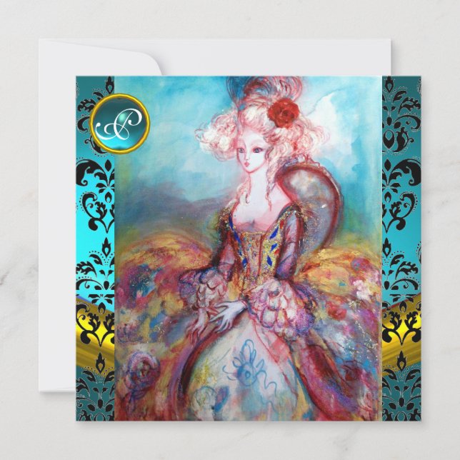 CONVITES SENHORA POMPADOUR, FLORES EM DAMASCO AZUL PRETO MO (Frente)