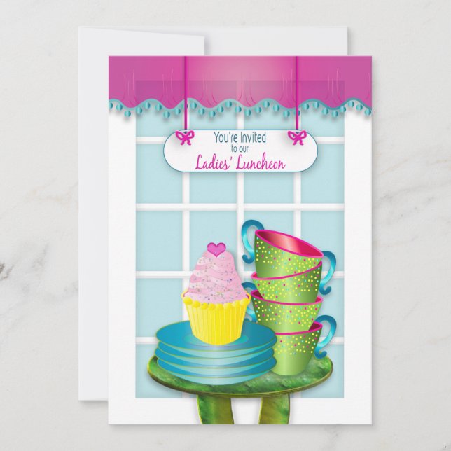 Convites Senhoras Luncheon, Taa Cups, Placas e Cupcakes (Frente)