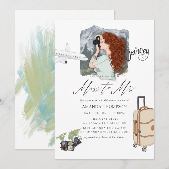 Convites Senhorita à Sra. Viagem Chá de panela (Frente/Verso)