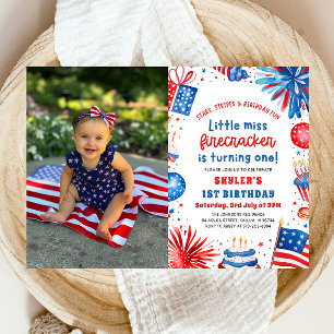 Convites Senhorita Firecracker 4 de julho primeiro aniversa