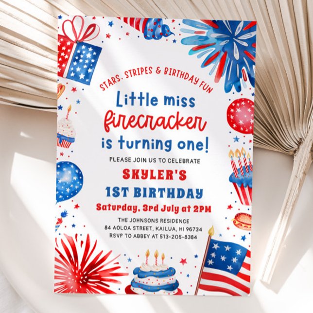 Convites Senhorita Firecracker 4 de julho primeiro aniversa (Watercolor Patriotic Fireworks Little Miss Firecracker 4th of July 1st Birthday Invitation)