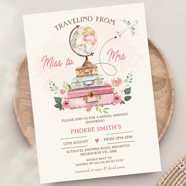 Convites Senhorita Floral Para A Sra. Viagem Themed Chá de  (Travel Themed Bridal Shower Invitation Traveling From Miss to Mrs Bridal Shower Invite World Globe)