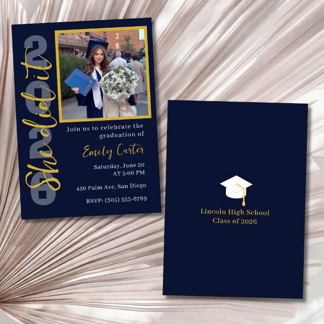 Convites Senior 2026 Graduation Photo Invitation Navy Gold (Criador carregado)