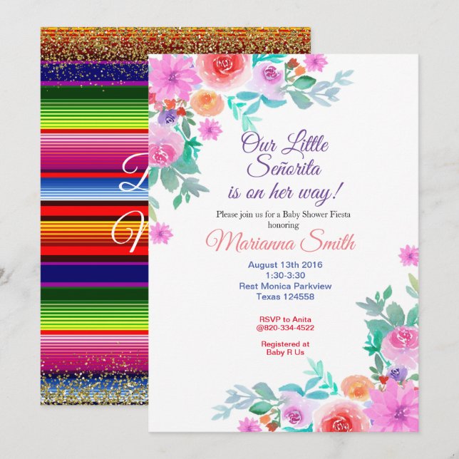 Convites Senorita Floral Fiesta Baby Shower Garota de Ouro (Frente/Verso)