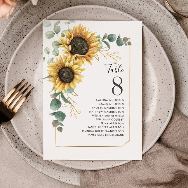 Convites Sentado de Casamento de Girassol Eucalyptus (Floral Sunflower Wedding Seating Table Number)