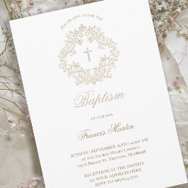 Convites sépia beige crista elegante | Batismo