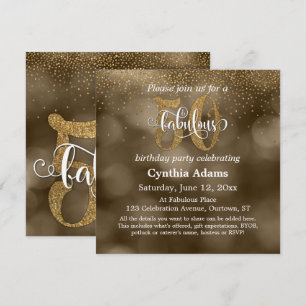 Convites Sepia Bokeh, Glitter Dourado e Script 50 e Fabulos
