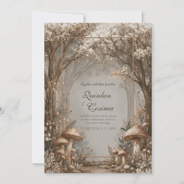 Convites Sepia Bronze Mushroom Enchanted Forest Wedding (Frente)