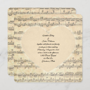 Convites sépia coração de casamento sobre música