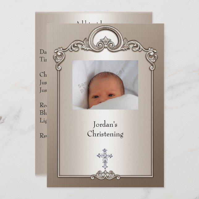 Convites Sepia Silver Foto Frame Jewel Cross Christening (Frente/Verso)