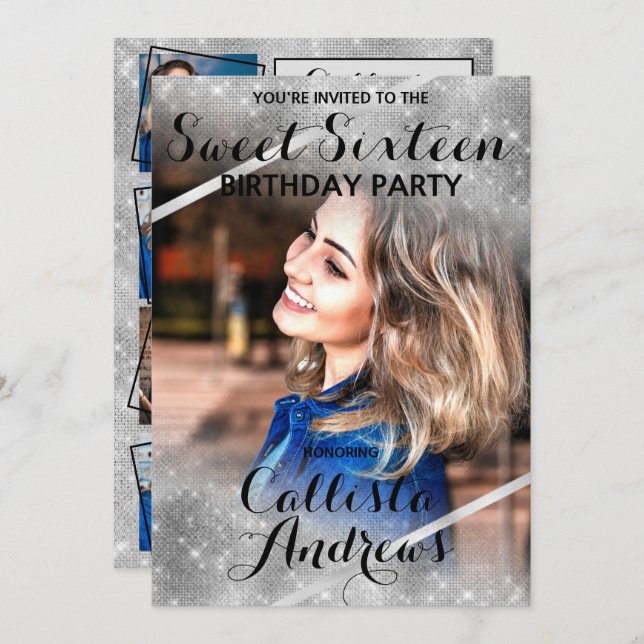 Convites Sequências de brilho prateado cantos Foto Sweet 16 (Frente/Verso)