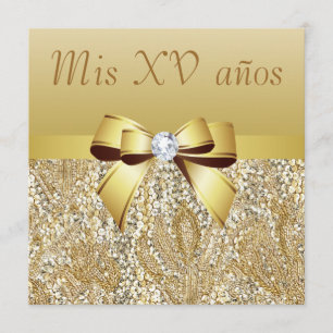Convites Sequências Douradas, Arco e Diamante Quinceanera
