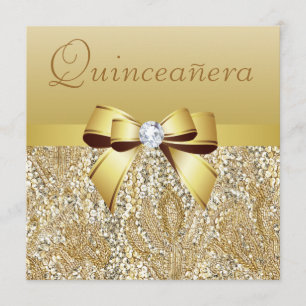 Convites Sequências Douradas, Arco e Diamante Quinceanera