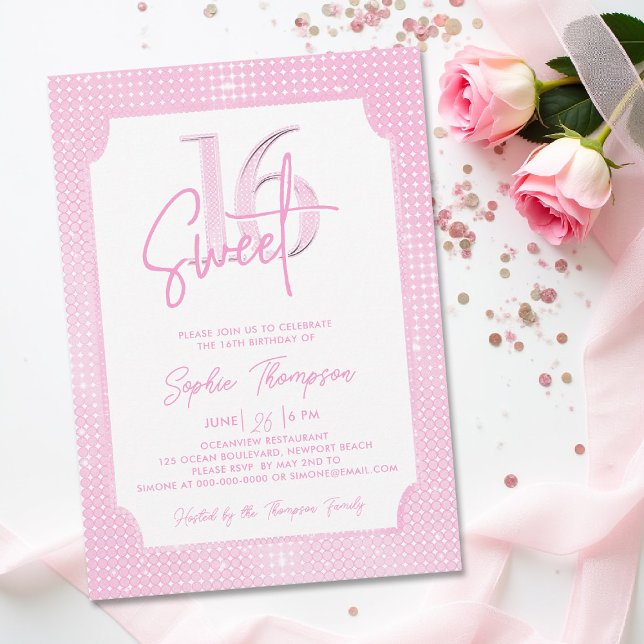 Convites Sequências rosa Caligrafia elegante de quadros 16 (sweet 16 invitation sixteen birthday party pink sequins glitter elegant calligraphy modern fashion)