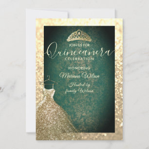 Convites Sequências verdes Douradas de chic vestem tiara Qu