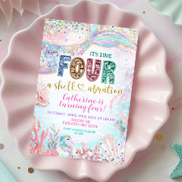 Convites sequin glitter Four Shellebarate Girl birthday inv