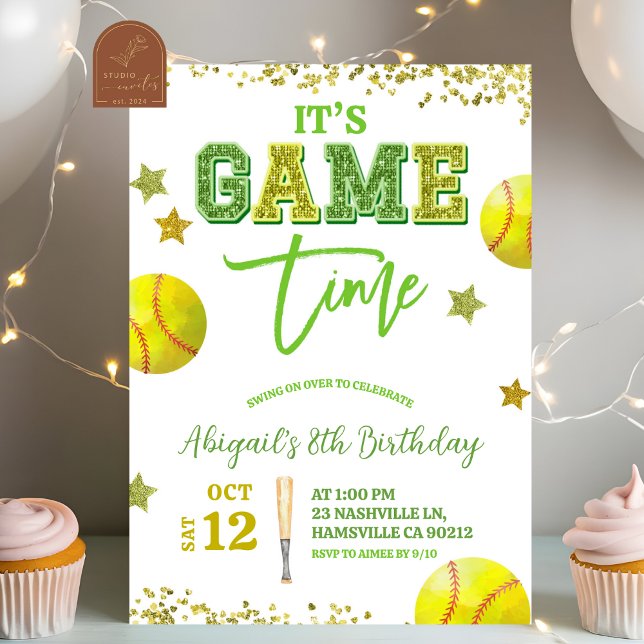 Convites Sequin Glitter Softball Girl birthday invitat (Criador carregado)