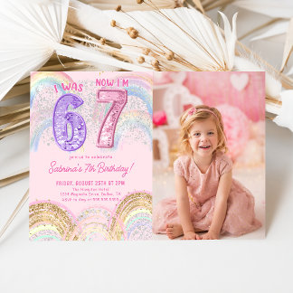 Convites Sequin Rainbow Six Seven 67 Birthday Photo