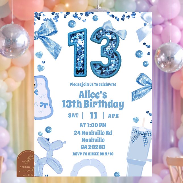 Convites Sequins Blue Bow 13 aesthetic teenager birthday (Criador carregado)