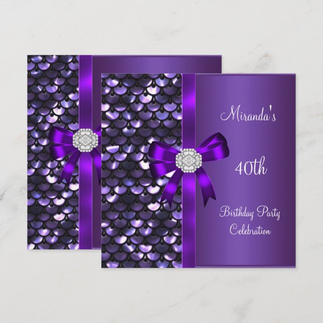 Convites Sequins Roxo Diamante Arco de Aniversário de 40 An (Frente/Verso)