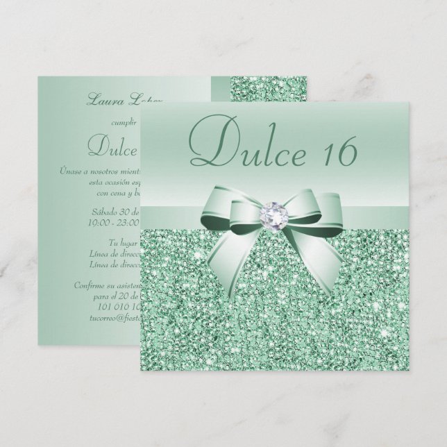 Convites Sequins Verde Menta Espanhol, Laço & Diamante Dulc (Frente/Verso)