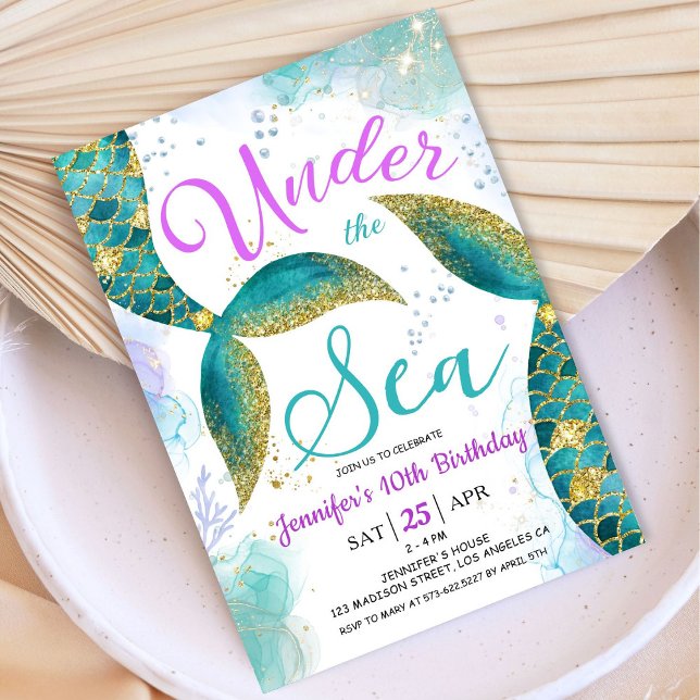 Convites Sereia 10º Aniversário Garota Rosa Teal Sob o Mar (Criador carregado)
