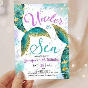 Convites Sereia 10º Aniversário Garota Rosa Teal Sob o Mar