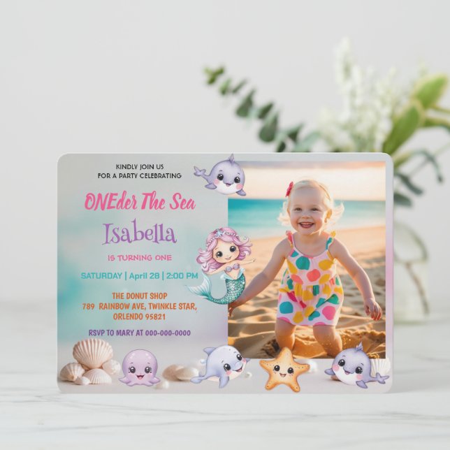 Convites Sereia 1rua Foto do aniversário do mar (Em pé/Frente)