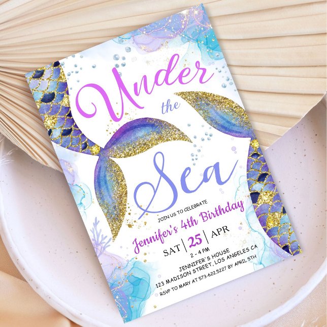 Convites Sereia 4ª garota de aniversário rosa sob o mar (Criador carregado)