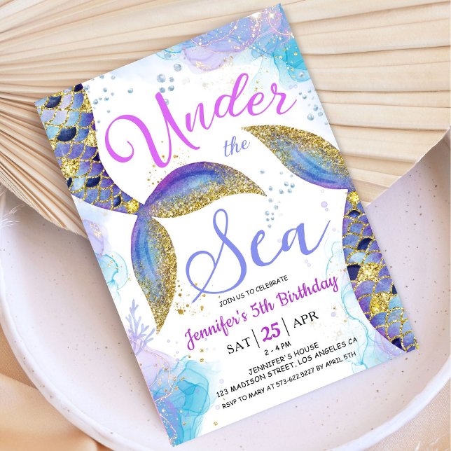 Convites Sereia 5 de aniversário, garota rosa Dourada sob o (Criador carregado)