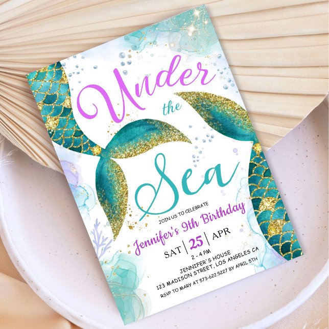 Convites Sereia 9º Aniversário Roxo Teal Sob O Mar (Criador carregado)