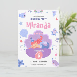 Convites Sereia Adormecida Feliz Aniversário Roxo Rosa