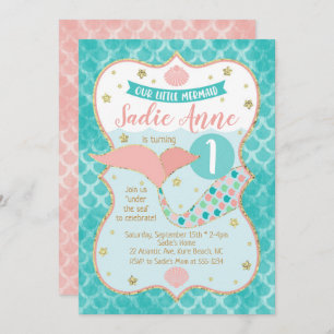 Convites Sereia Aniversário Coral e Teal