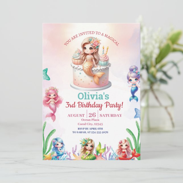 Convites Sereia, aniversário de 3 anos de festa mágica (Em pé/Frente)